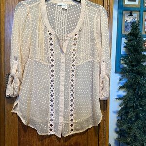 Meadow Rue Coral Blouse with Lace Accents